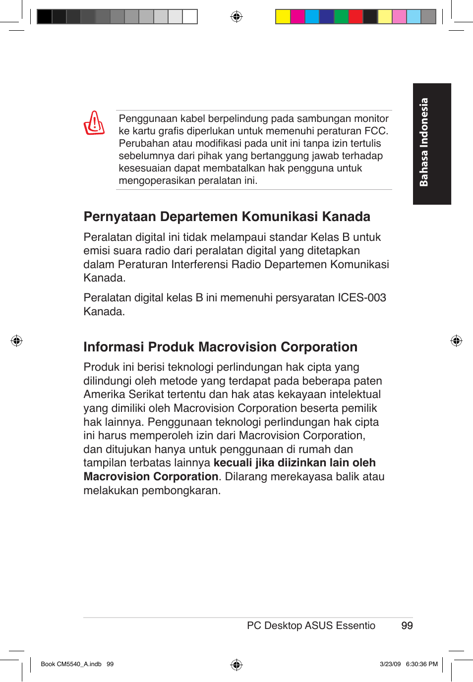 Pernyataan departemen komunikasi kanada, Informasi produk macrovision corporation | Asus CM5540 User Manual | Page 99 / 110