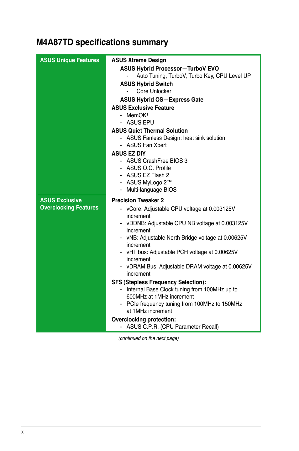 M4a87td specifications summary | Asus M4A87TD/USB3 User Manual | Page 10 / 72