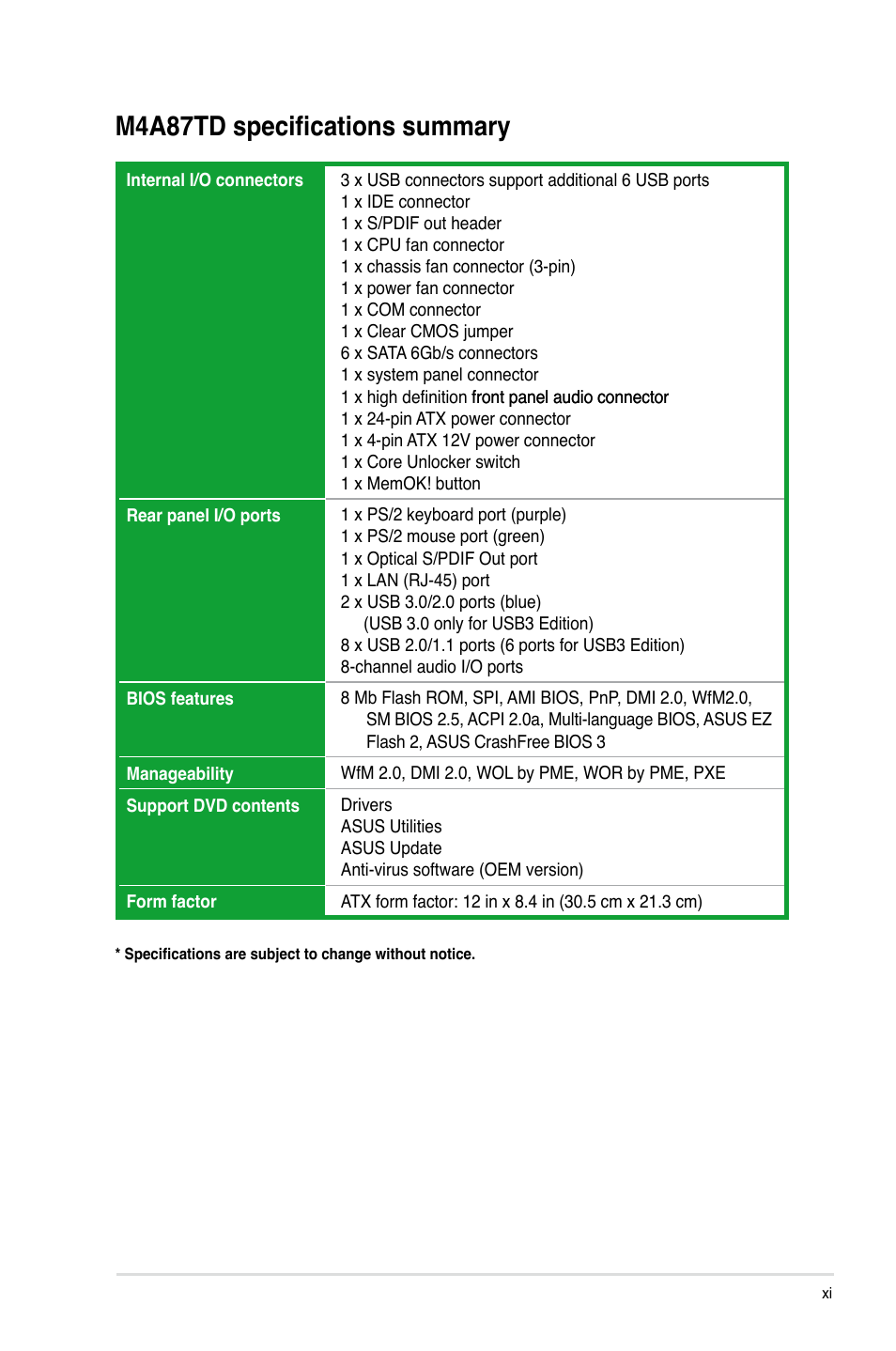 M4a87td specifications summary | Asus M4A87TD/USB3 User Manual | Page 11 / 72