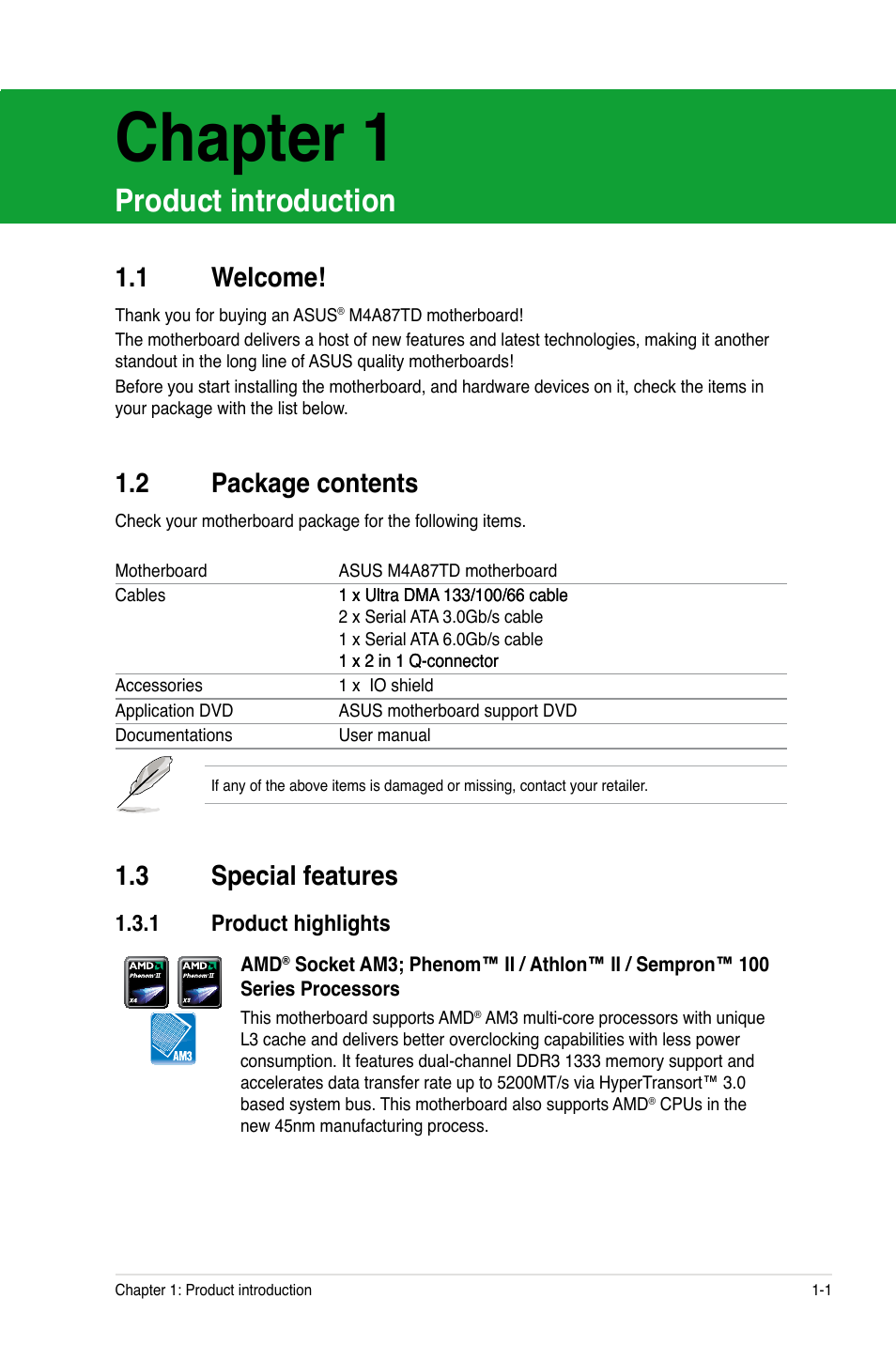 Chapter 1, Product introduction, 2 package contents | 3 special features, 1 welcome | Asus M4A87TD/USB3 User Manual | Page 13 / 72