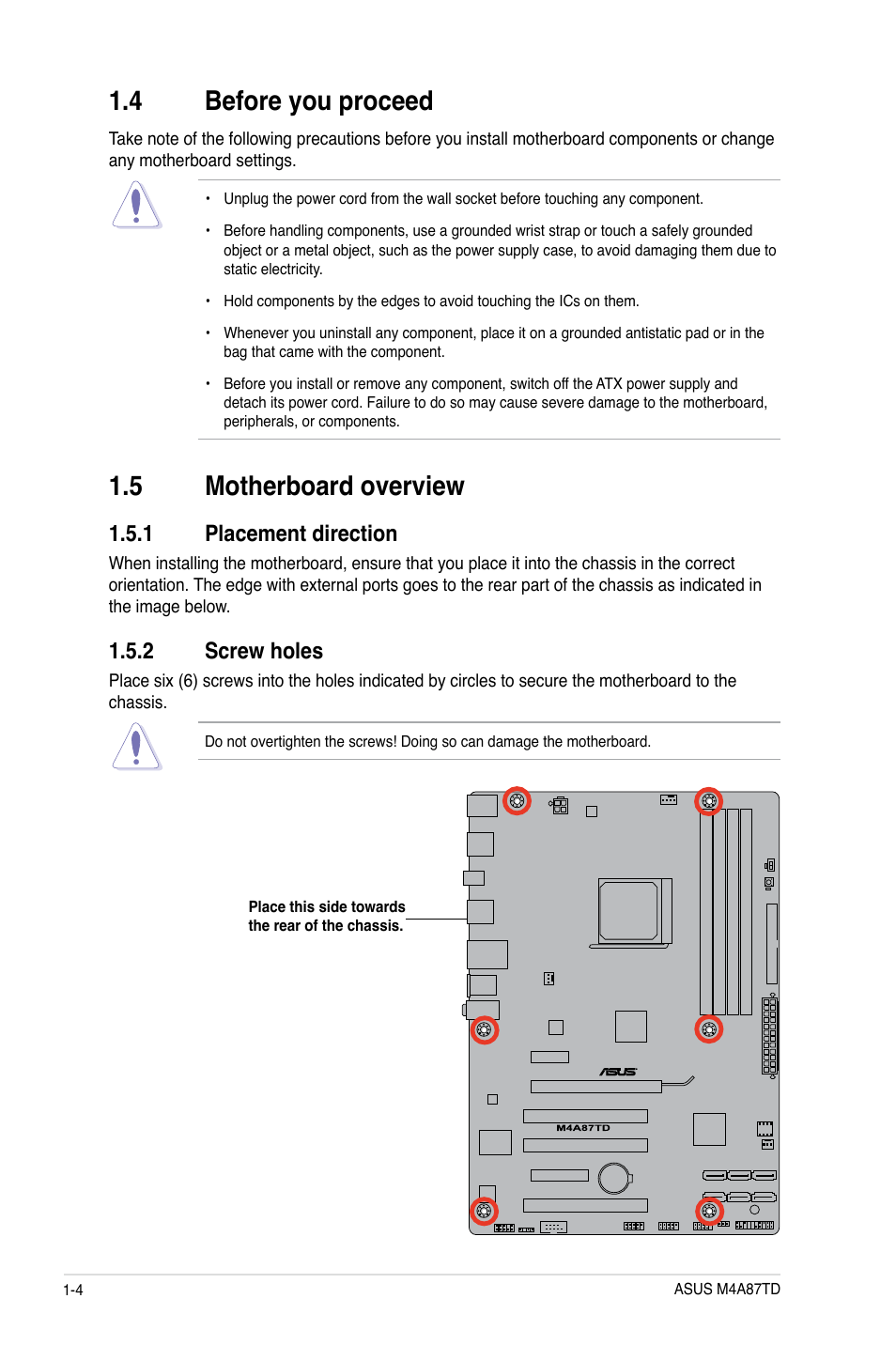 4 before you proceed, 5 motherboard overview, 1 placement direction | 2 screw holes | Asus M4A87TD/USB3 User Manual | Page 16 / 72
