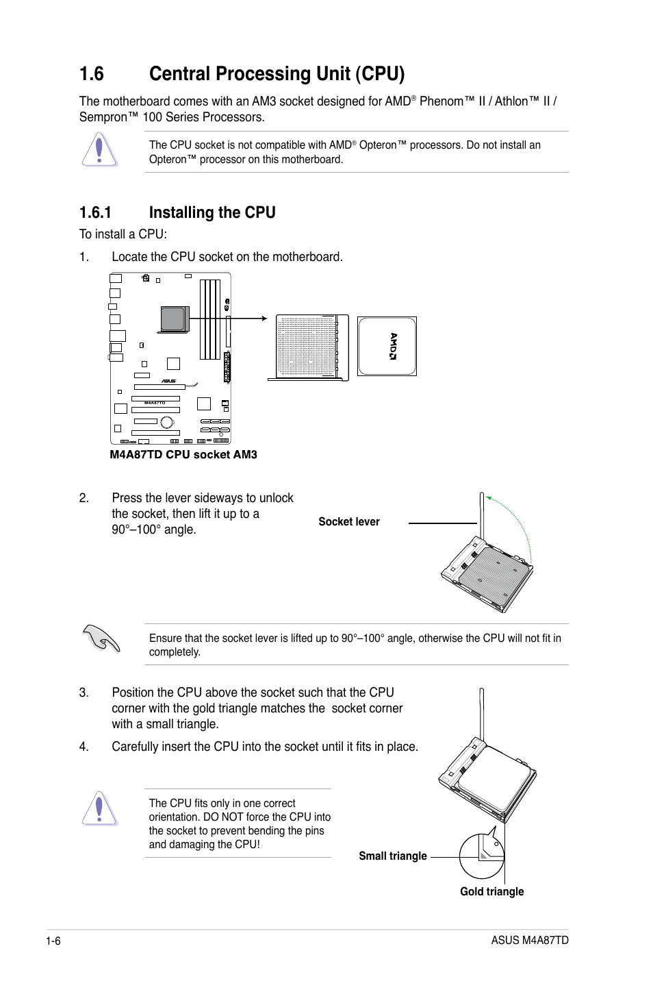 6 central processing unit (cpu), 1 installing the cpu | Asus M4A87TD/USB3 User Manual | Page 18 / 72