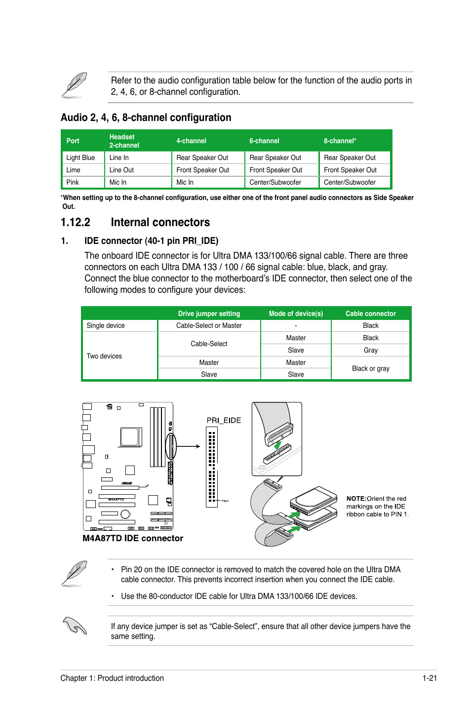 2 internal connectors, Audio 2, 4, 6, 8-channel configuration | Asus M4A87TD/USB3 User Manual | Page 33 / 72