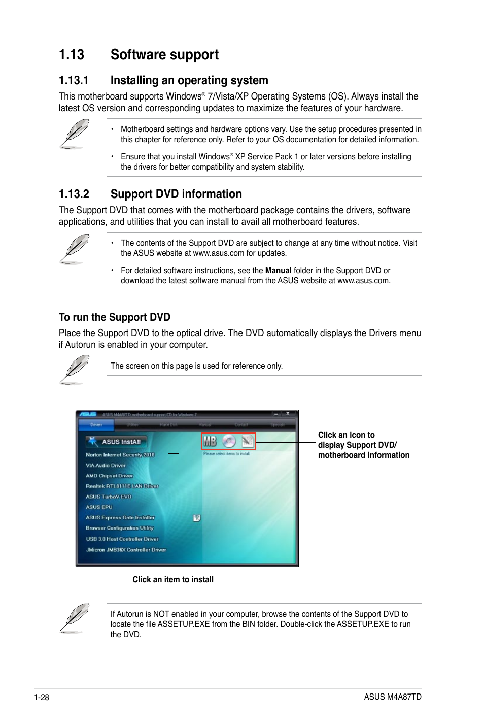 13 software support, 1 installing an operating system, 2 support dvd information | Asus M4A87TD/USB3 User Manual | Page 40 / 72
