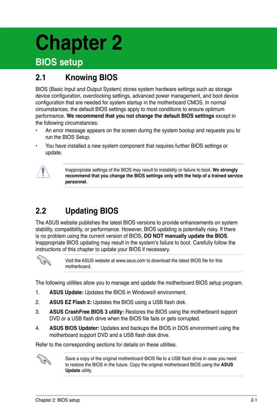 Chapter 2, Bios setup, 1 knowing bios | 2 updating bios | Asus M4A87TD/USB3 User Manual | Page 41 / 72
