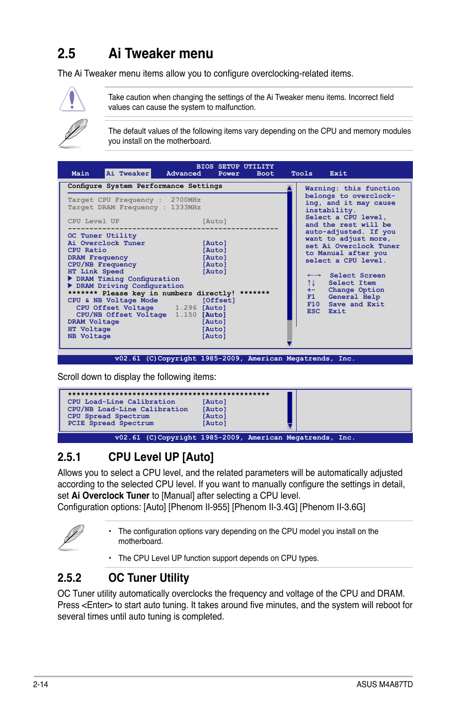 5 ai tweaker menu, 1 cpu level up [auto, 2 oc tuner utility | Scroll down to display the following items | Asus M4A87TD/USB3 User Manual | Page 54 / 72