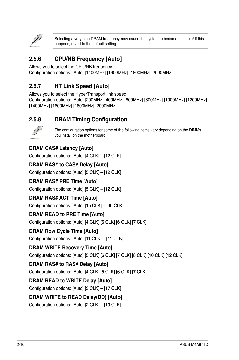 6 cpu/nb frequency [auto, 7 ht link speed [auto, 8 dram timing configuration | Asus M4A87TD/USB3 User Manual | Page 56 / 72