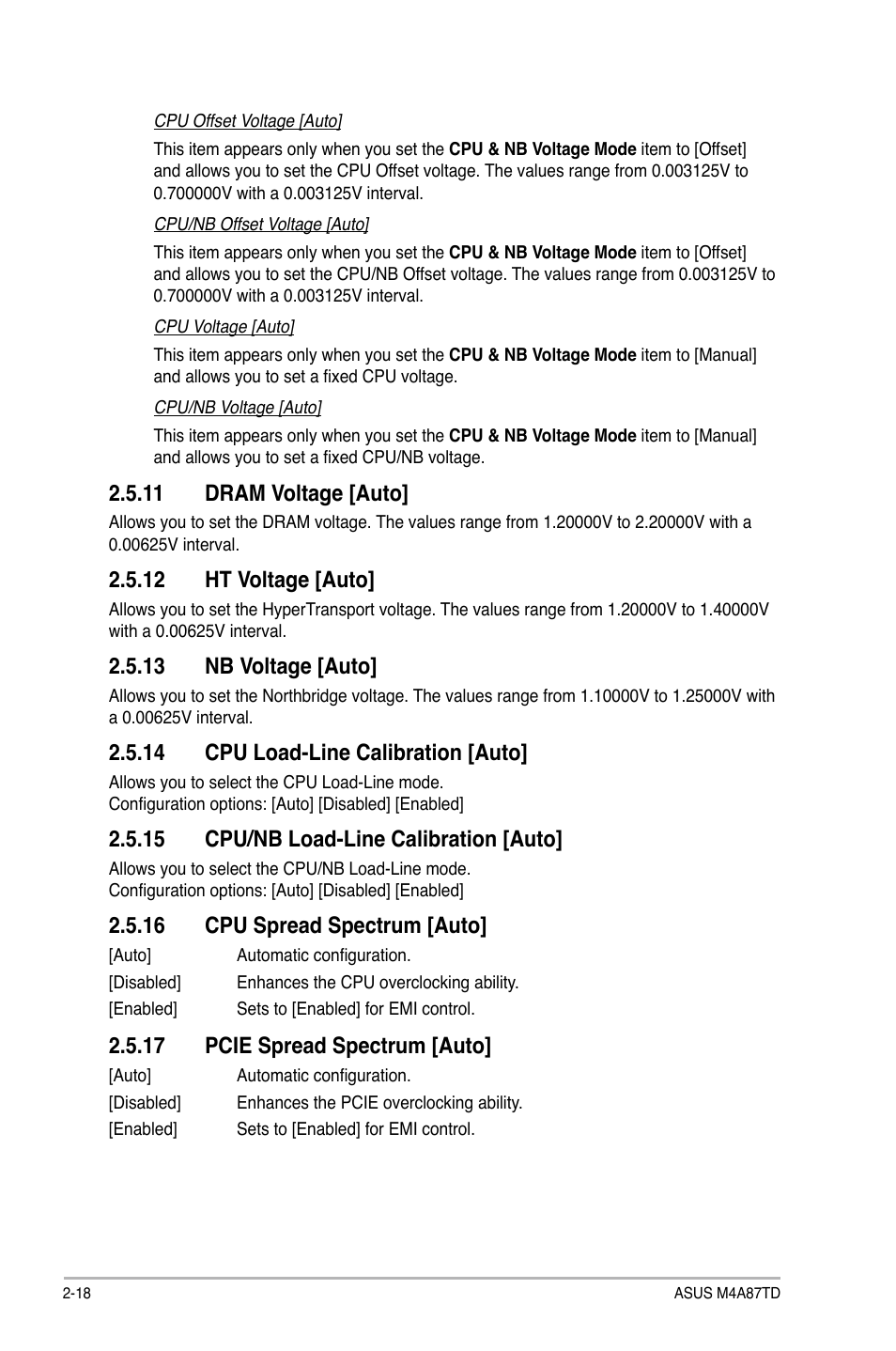 11 dram voltage [auto, 12 ht voltage [auto, 13 nb voltage [auto | 14 cpu load-line calibration [auto, 15 cpu/nb load-line calibration [auto, 16 cpu spread spectrum [auto, 17 pcie spread spectrum [auto | Asus M4A87TD/USB3 User Manual | Page 58 / 72