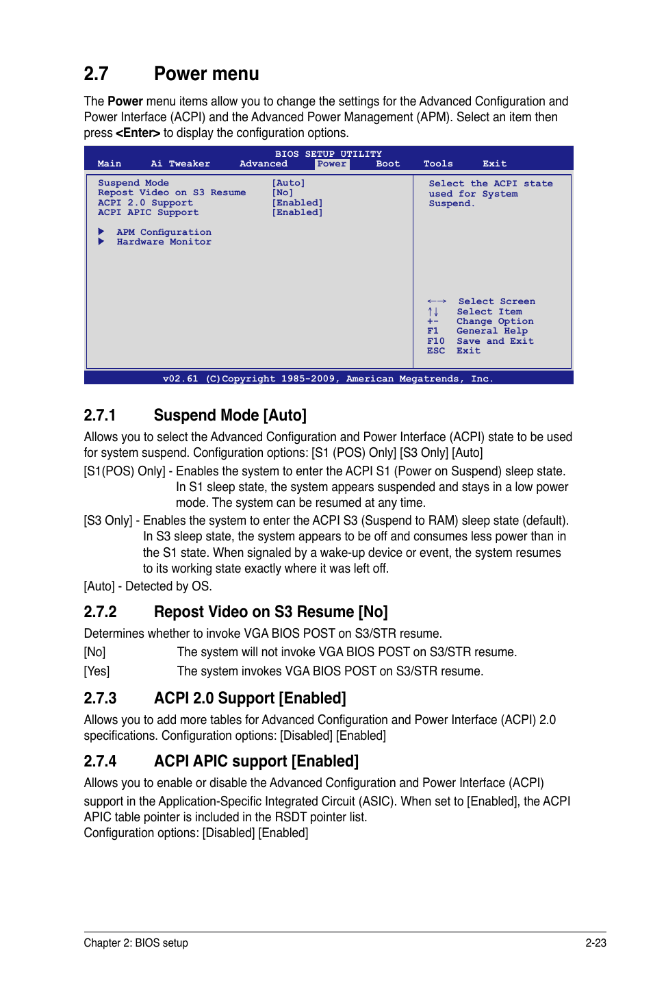 7 power menu, 1 suspend mode [auto, 2 repost video on s3 resume [no | 3 acpi 2.0 support [enabled, 4 acpi apic support [enabled | Asus M4A87TD/USB3 User Manual | Page 63 / 72