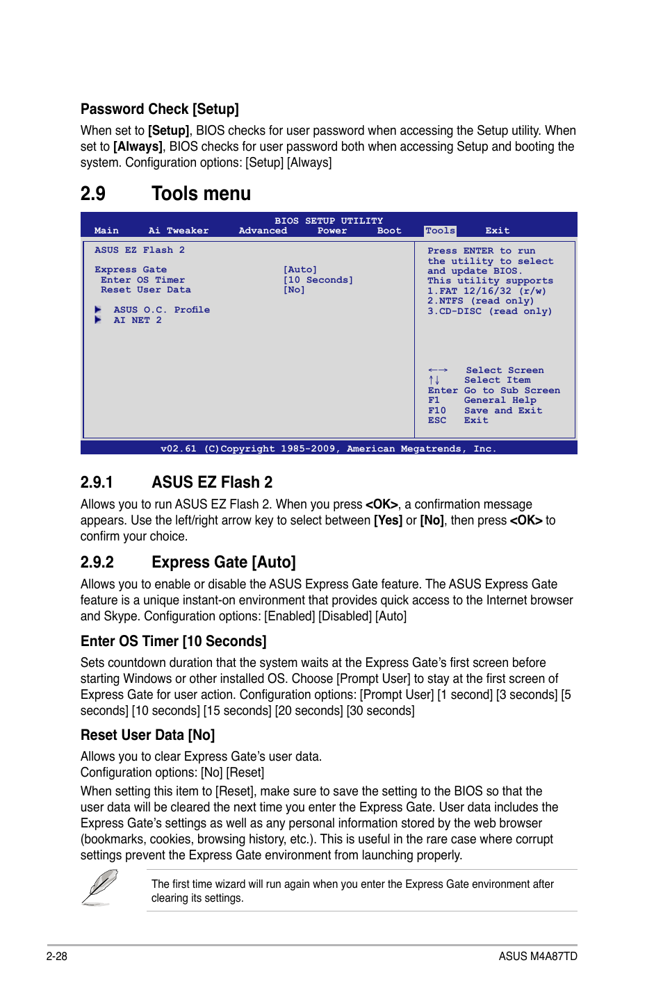 9 tools menu, 1 asus ez flash 2, 2 express gate [auto | Password check [setup, Enter os timer [10 seconds, Reset user data [no | Asus M4A87TD/USB3 User Manual | Page 68 / 72