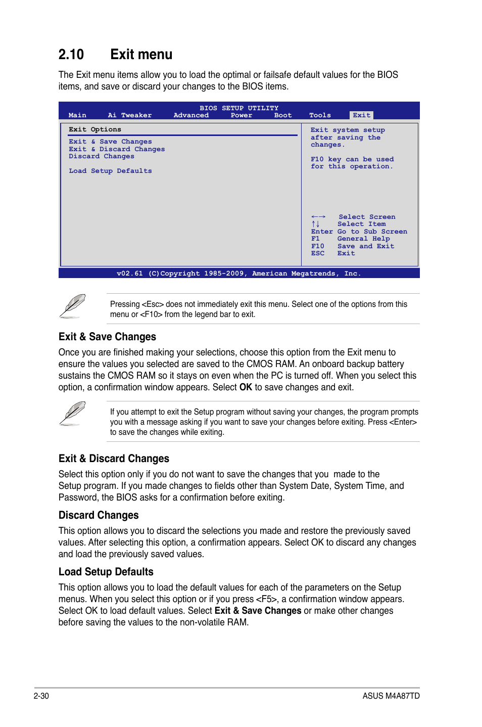10 exit menu, Exit & save changes, Exit & discard changes | Discard changes, Load setup defaults | Asus M4A87TD/USB3 User Manual | Page 70 / 72