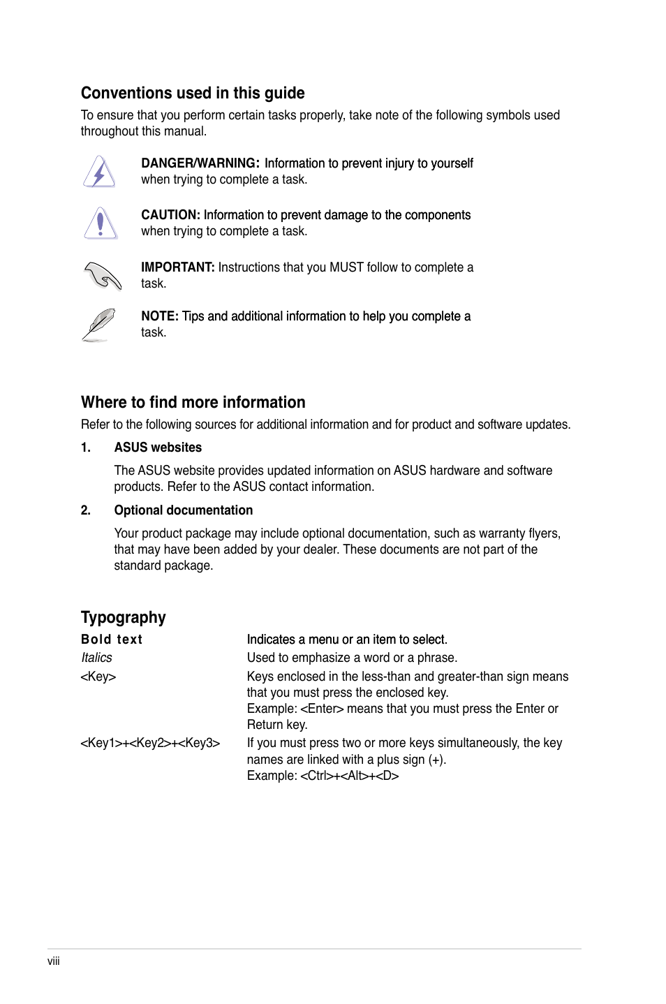 Conventions used in this guide, Where to find more information, Typography | Asus M4A87TD/USB3 User Manual | Page 8 / 72