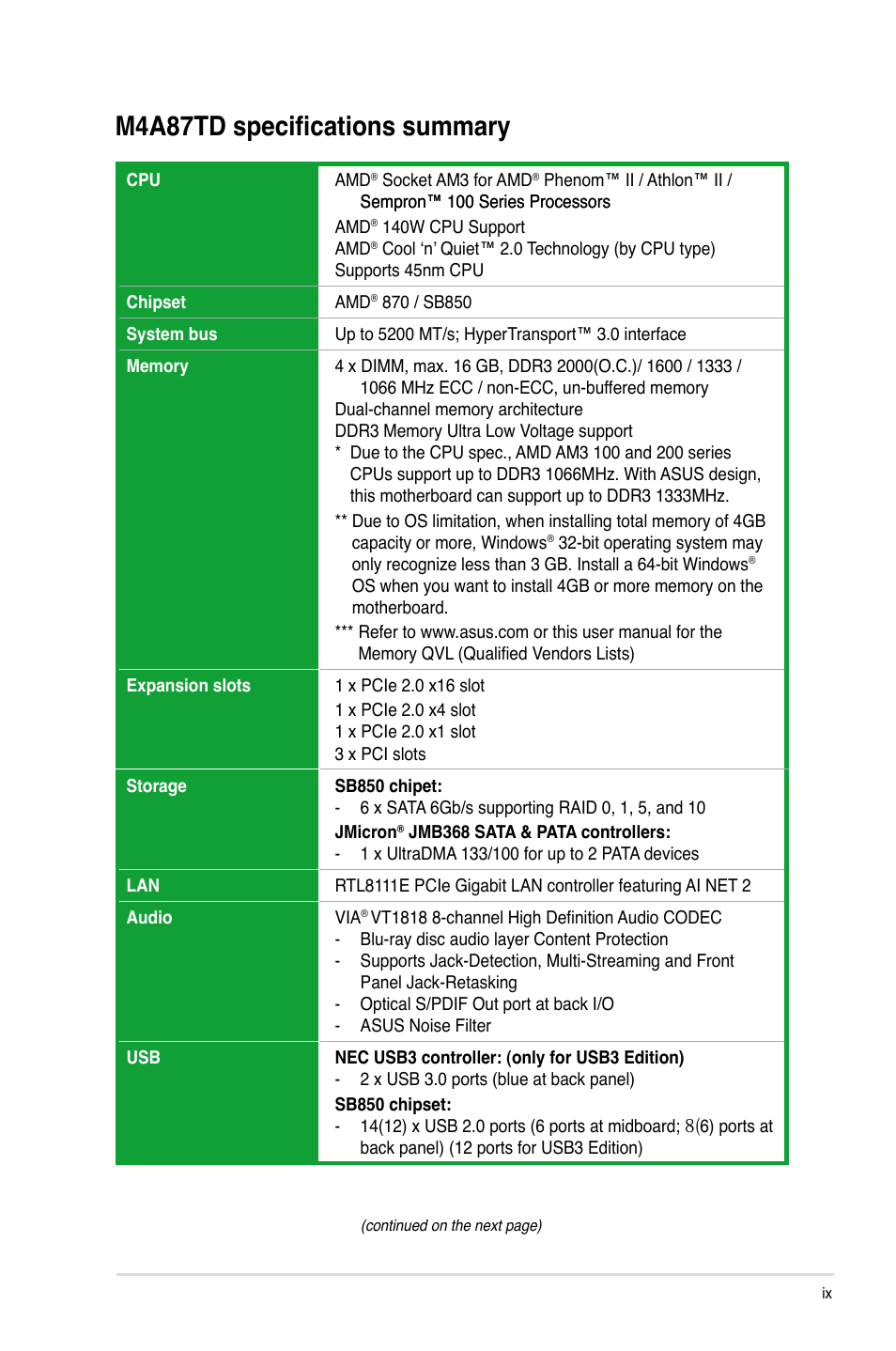 M4a87td specifications summary | Asus M4A87TD/USB3 User Manual | Page 9 / 72