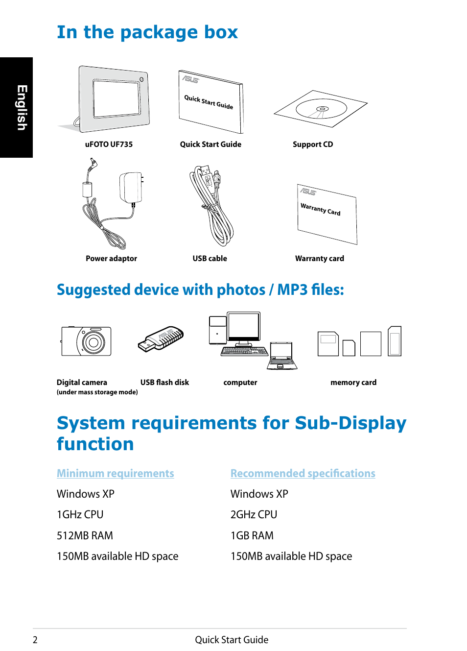 System requirements for sub-display function, Suggested device with photos / mp3 files, English | Asus UF735S User Manual | Page 2 / 10