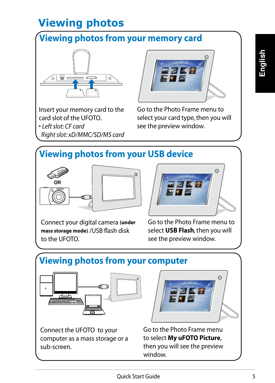 Viewing photos, Viewing photos from your usb device, Viewing photos from your computer | Asus UF735S User Manual | Page 5 / 10