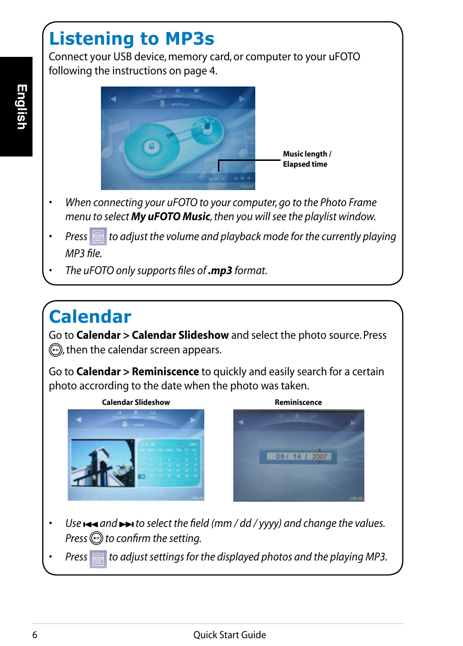 Listening to mp3s, Calendar | Asus UF735S User Manual | Page 6 / 10