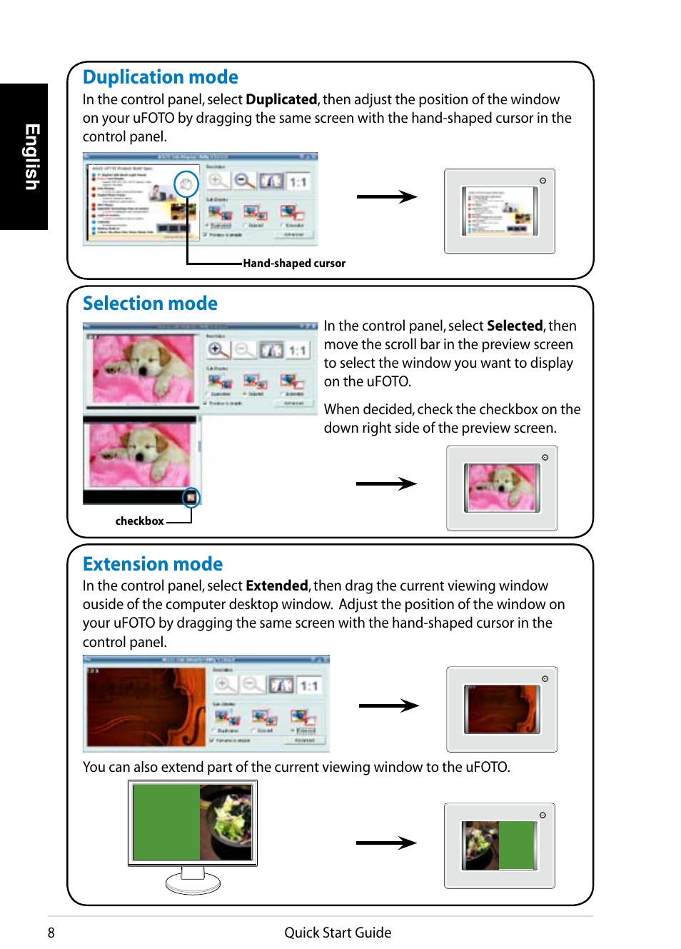 Selection mode, Duplication mode, Extension mode | English | Asus UF735S User Manual | Page 8 / 10