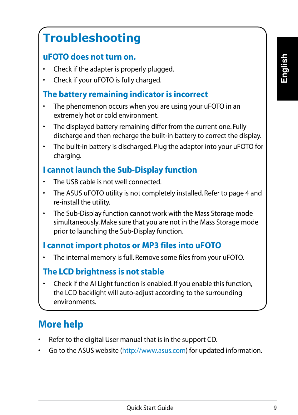 Troubleshooting, More help | Asus UF735S User Manual | Page 9 / 10