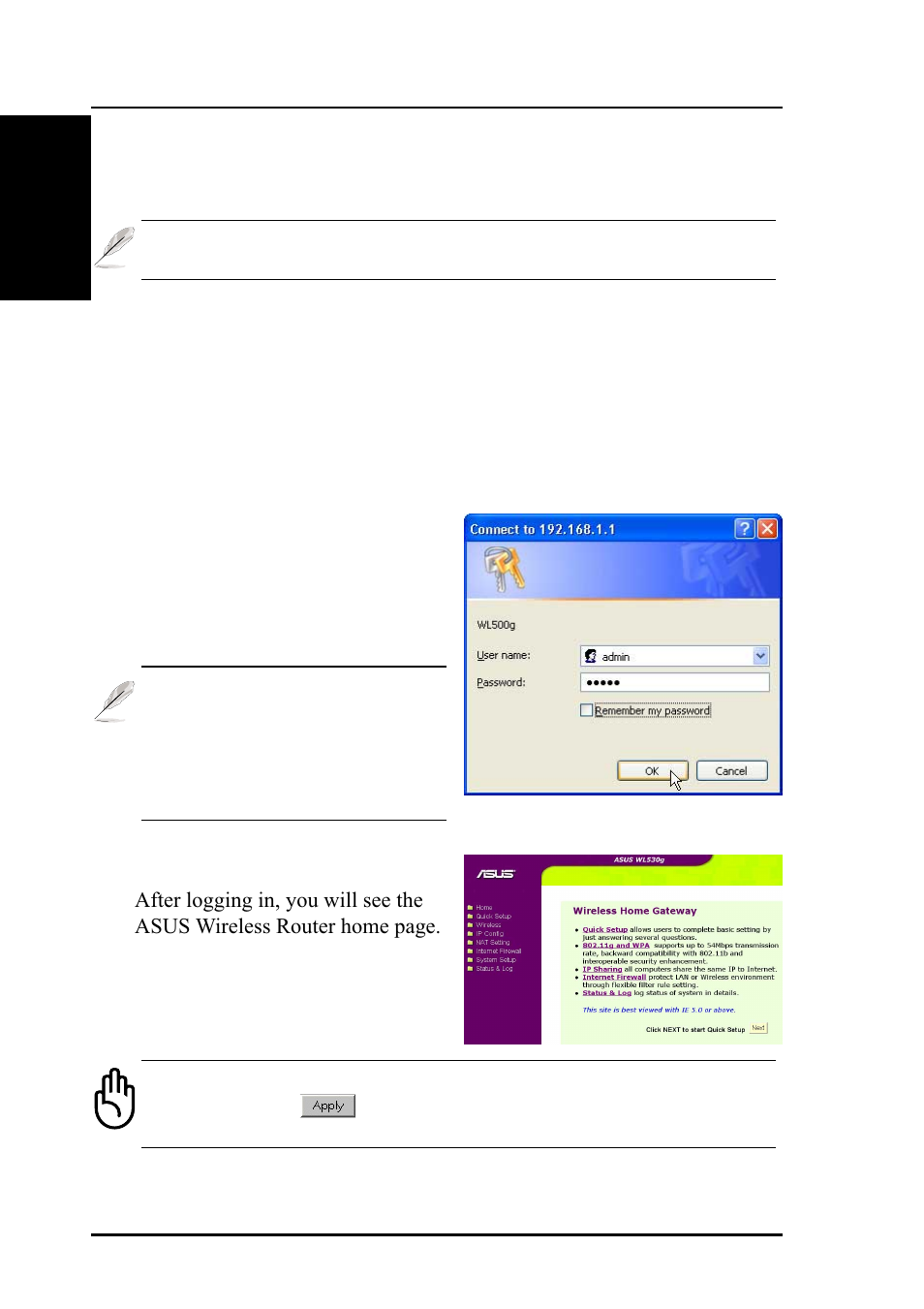 Quick setup | Asus WL-530g User Manual | Page 6 / 70