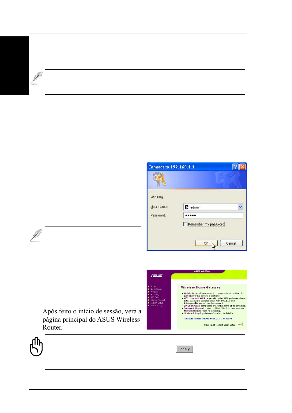 Instalação rápida | Asus WL-530g User Manual | Page 66 / 70