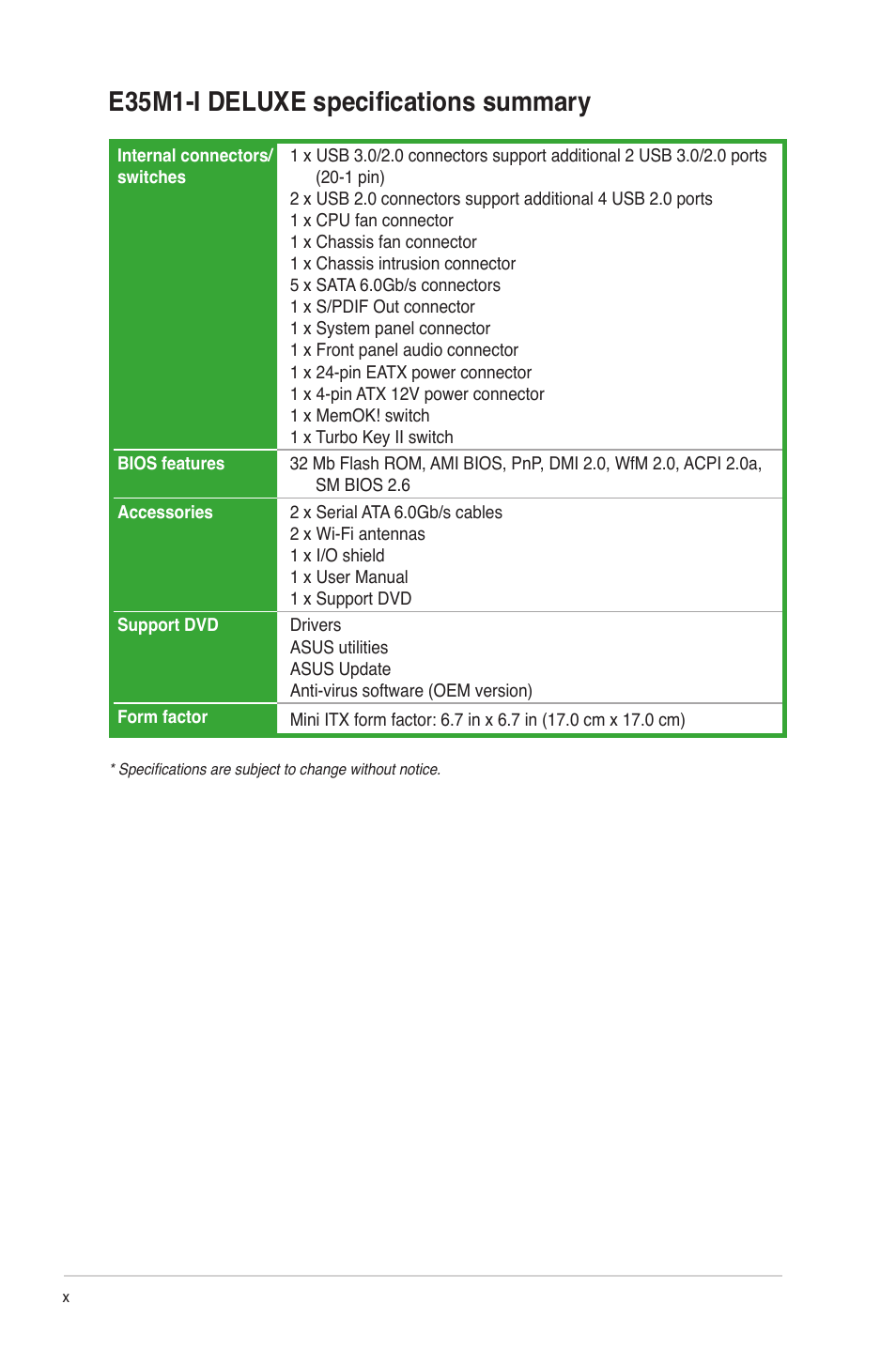 E35m1-i deluxe specifications summary | Asus E35M1-I DELUXE User Manual | Page 10 / 55