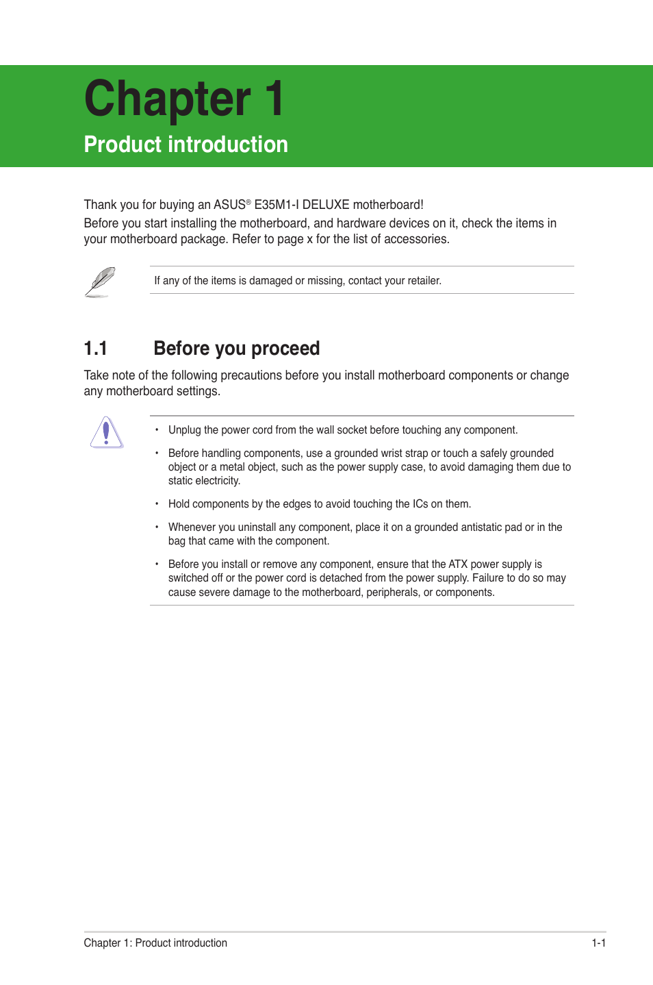 Chapter 1, Product introduction, 1 before you proceed | Before you proceed -1 | Asus E35M1-I DELUXE User Manual | Page 11 / 55