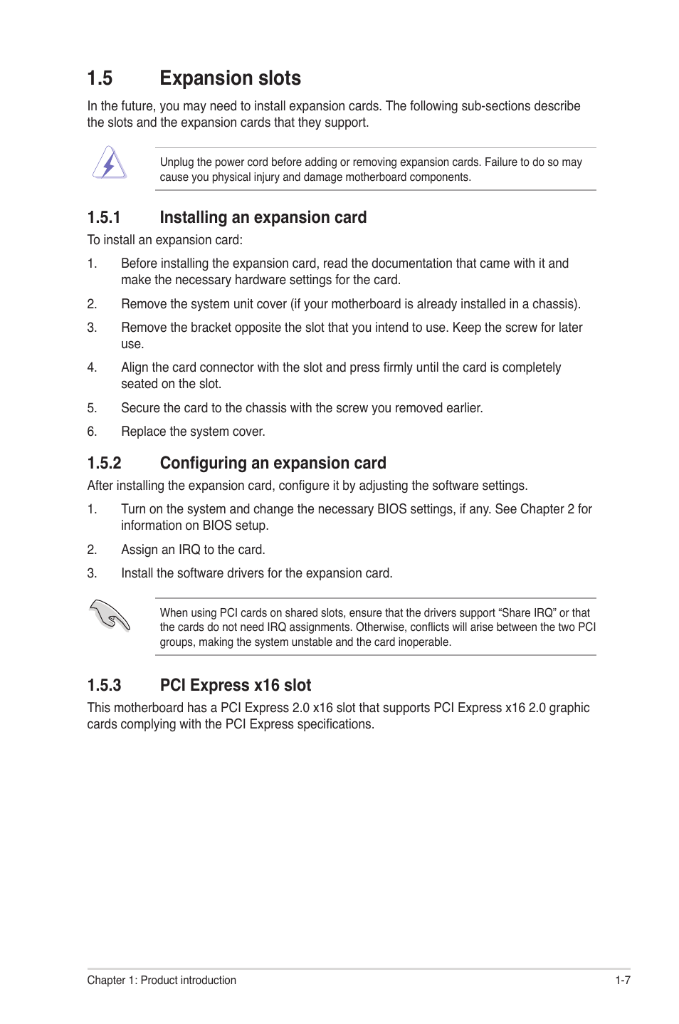 5 expansion slots, 1 installing an expansion card, 2 configuring an expansion card | 3 pci express x16 slot, Expansion slots -7 1.5.1, Installing an expansion card -7, Configuring an expansion card -7, Pci express x16 slot -7 | Asus E35M1-I DELUXE User Manual | Page 17 / 55