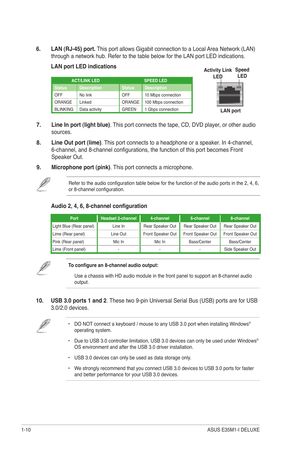 Audio 2, 4, 6, 8-channel configuration | Asus E35M1-I DELUXE User Manual | Page 20 / 55