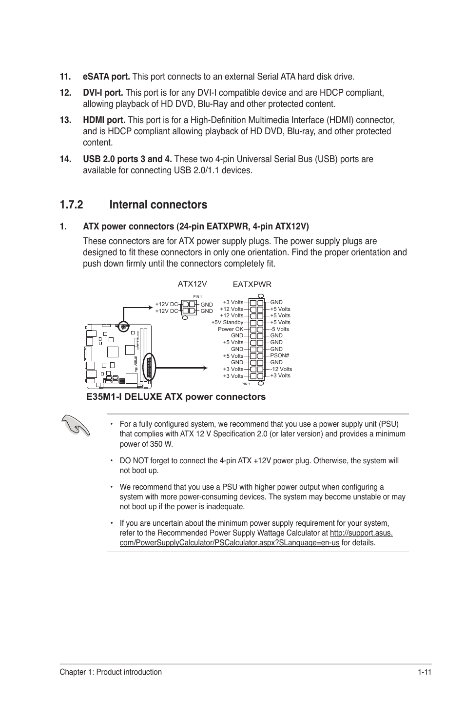 2 internal connectors, Internal connectors -11, E35m1-i deluxe atx power connectors | Asus E35M1-I DELUXE User Manual | Page 21 / 55
