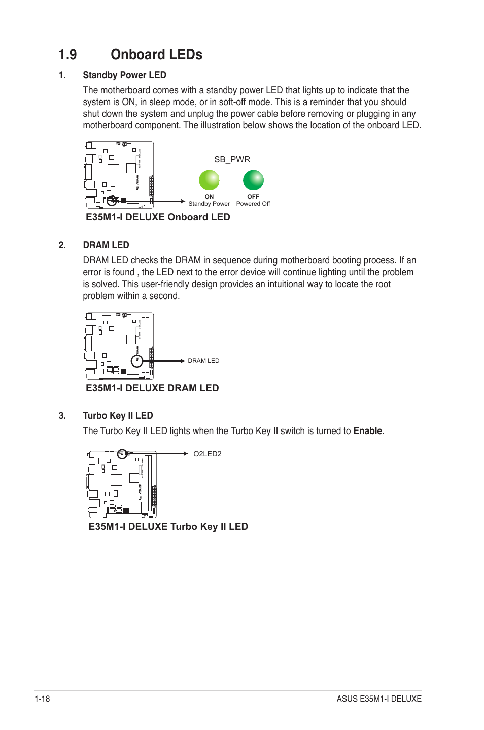 9 onboard leds, Onboard leds -18 | Asus E35M1-I DELUXE User Manual | Page 28 / 55