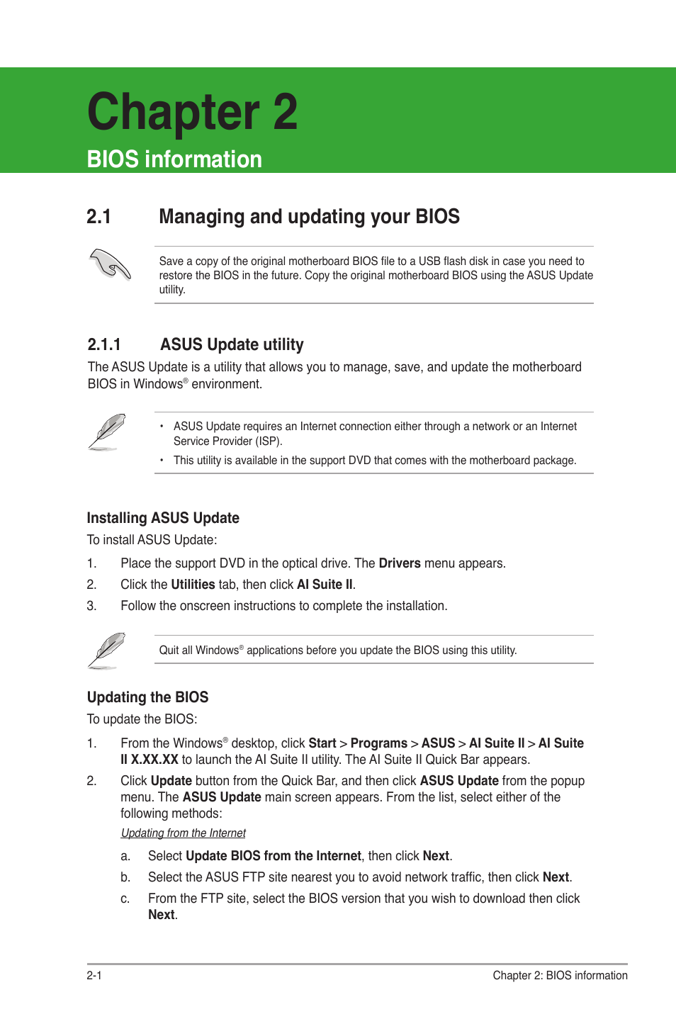 Chapter 2, Bios information, 1 managing and updating your bios | 1 asus update utility, Managing and updating your bios -1 2.1.1, Asus update utility -1 | Asus E35M1-I DELUXE User Manual | Page 30 / 55