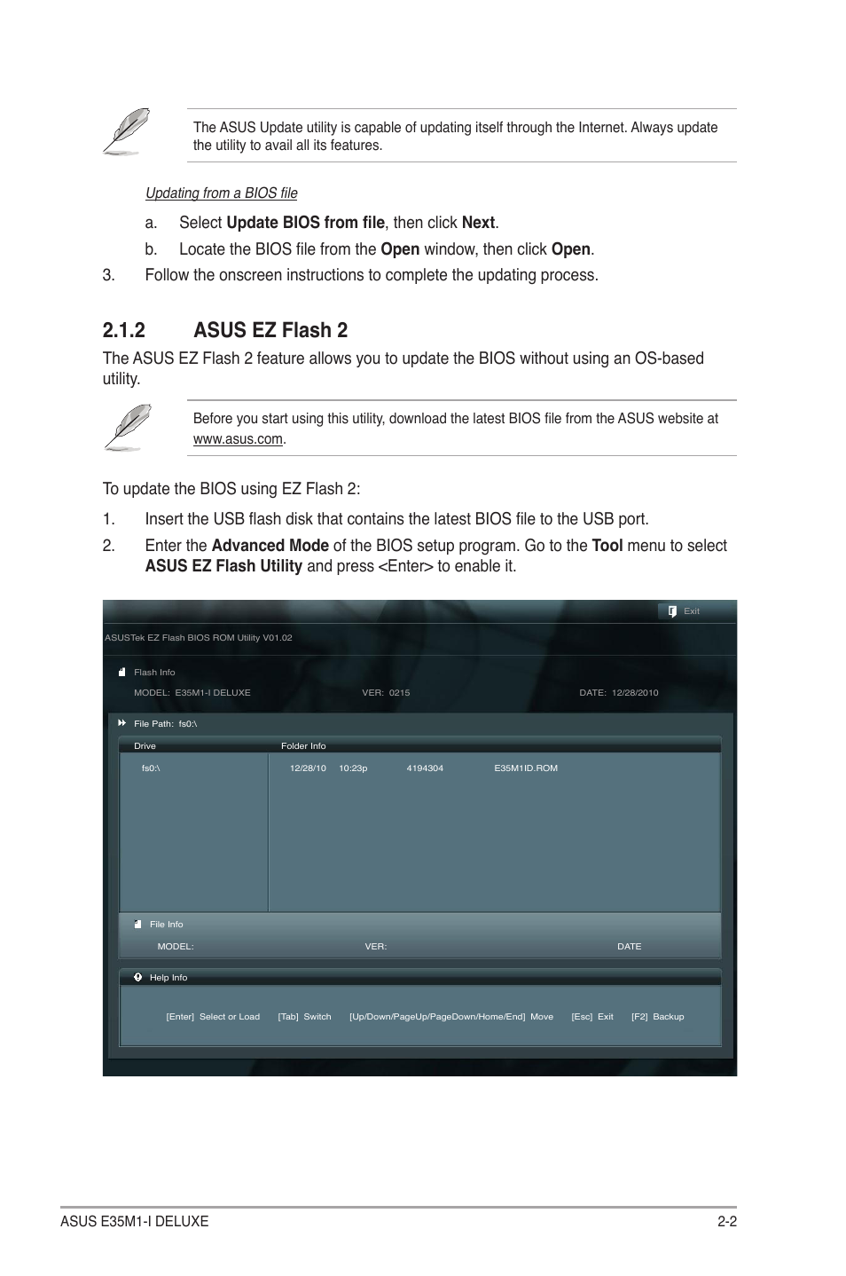 2 asus ez flash 2, Asus ez flash 2 -2 | Asus E35M1-I DELUXE User Manual | Page 31 / 55