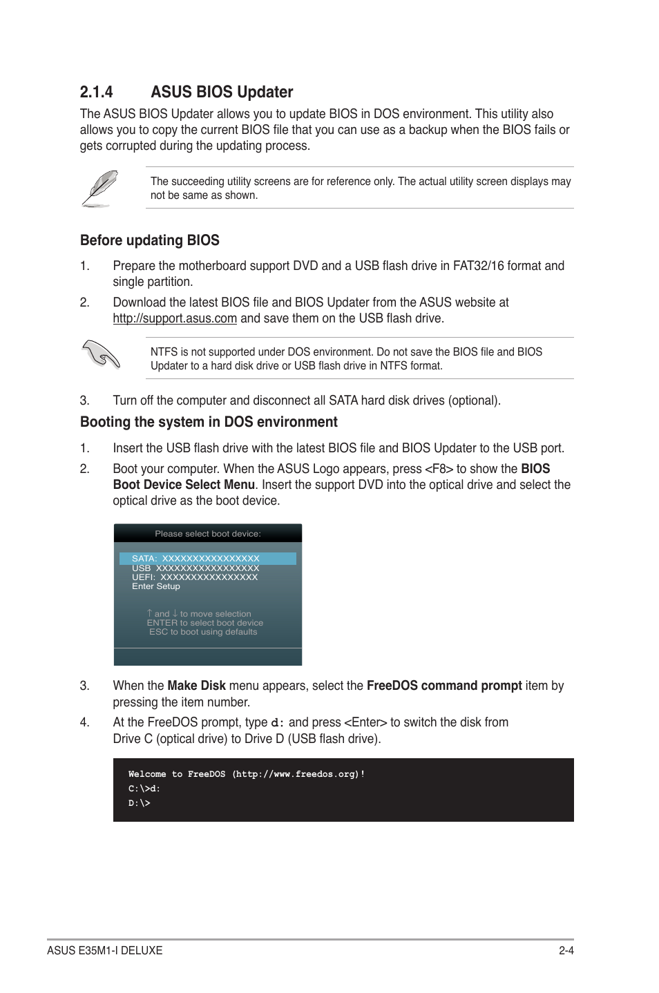 4 asus bios updater, Asus bios updater -4, Before updating bios | Booting the system in dos environment | Asus E35M1-I DELUXE User Manual | Page 33 / 55