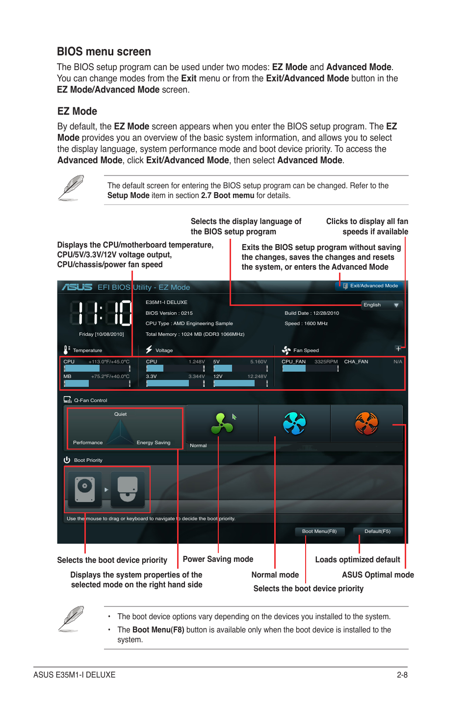 Bios menu screen, Ez mode, 8 asus e35m1-i deluxe | Asus E35M1-I DELUXE User Manual | Page 37 / 55