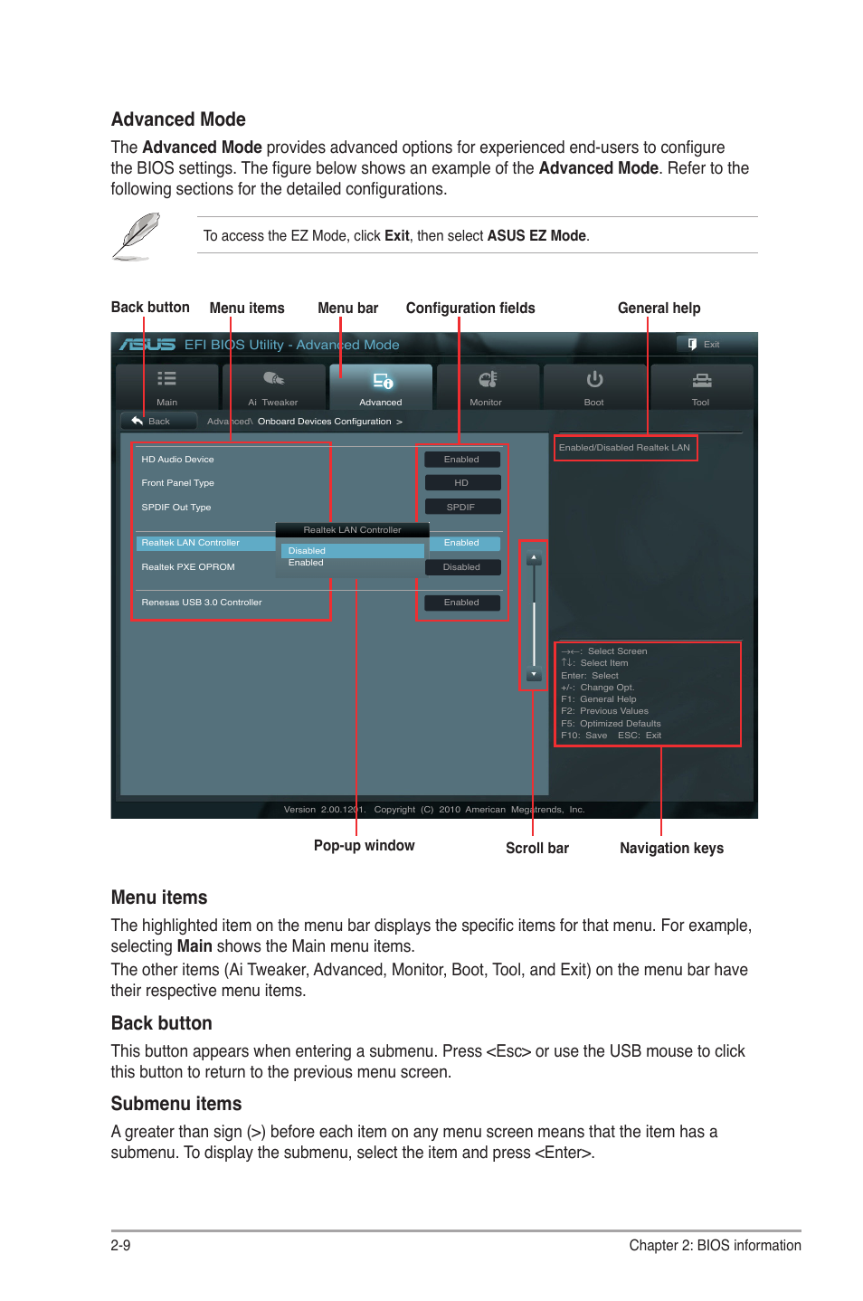 Advanced mode, Menu items, Back button | Submenu items | Asus E35M1-I DELUXE User Manual | Page 38 / 55