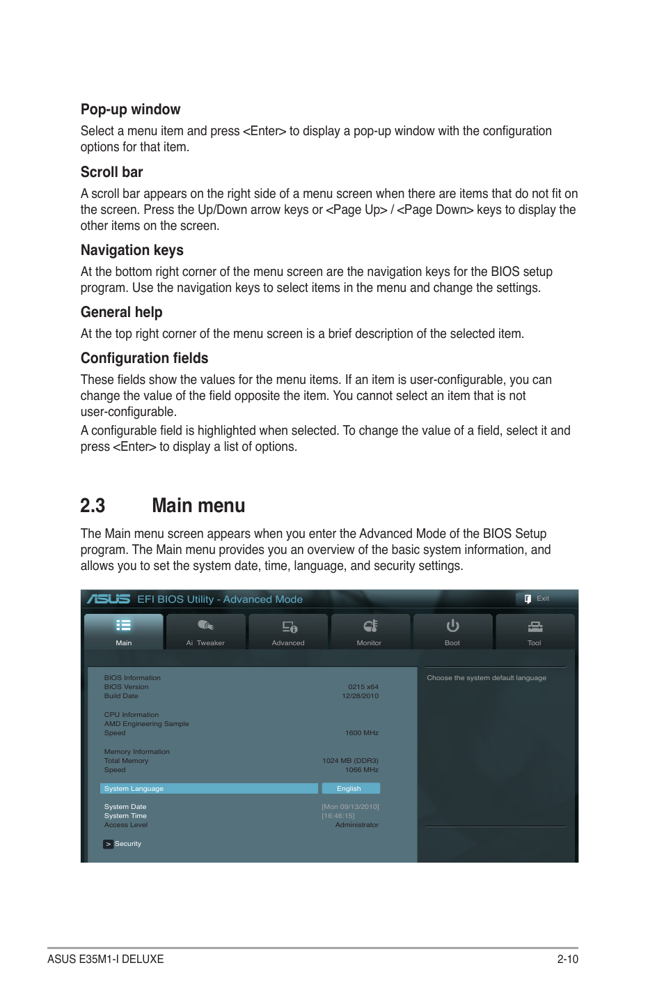 3 main menu, Main menu -10, Pop-up window | Scroll bar, Navigation keys, General help, Configuration fields | Asus E35M1-I DELUXE User Manual | Page 39 / 55