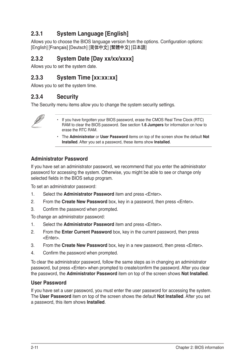 1 system language, 2 system date, 3 system time | 4 security, System language -11, System date -11, System time -11, Security -11, 1 system language [english, 3 system time [xx:xx:xx | Asus E35M1-I DELUXE User Manual | Page 40 / 55