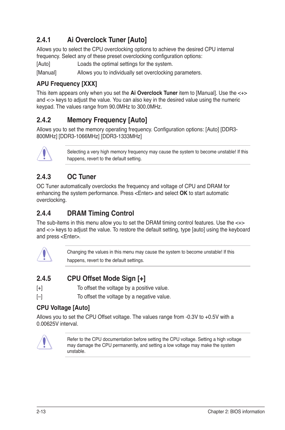 1 ai overclock tuner, 2 memory frequency, 3 oc tuner | 4 dram timing control, 5 cpu offset mode sign, Ai overclock tuner -13, Memory frequency -13, Oc tuner -13, Dram timing control -13, Cpu offset mode sign -13 | Asus E35M1-I DELUXE User Manual | Page 42 / 55