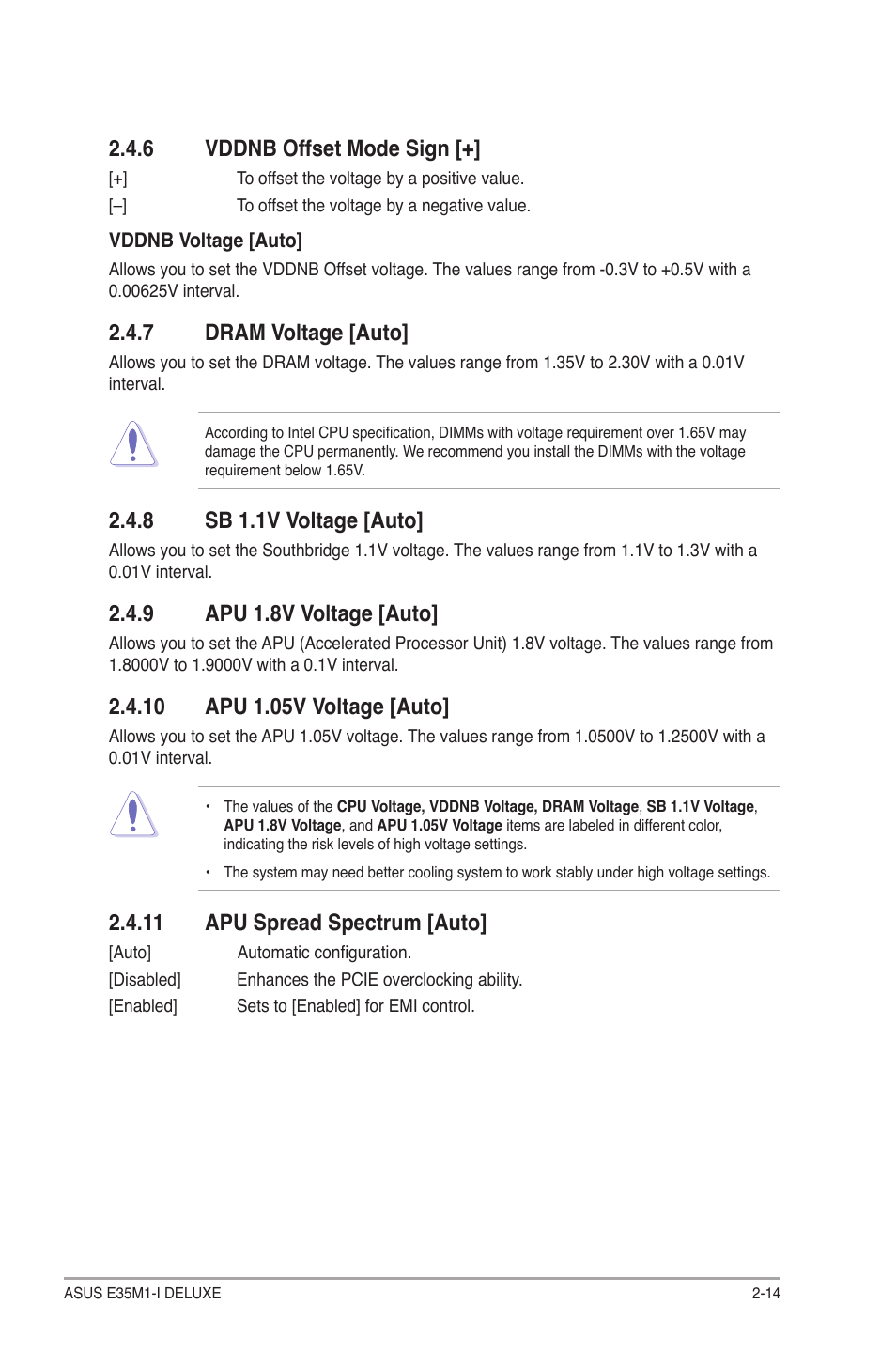 6 vddnb offset mode sign, 7 dram voltage, 8 sb 1.1v voltage | 9 apu 1.8v voltage, 10 apu 1.05v voltage, 11 apu spread spectrum, Vddnb offset mode sign -14, Dram voltage -14, Sb 1.1v voltage -14, Apu 1.8v voltage -14 | Asus E35M1-I DELUXE User Manual | Page 43 / 55