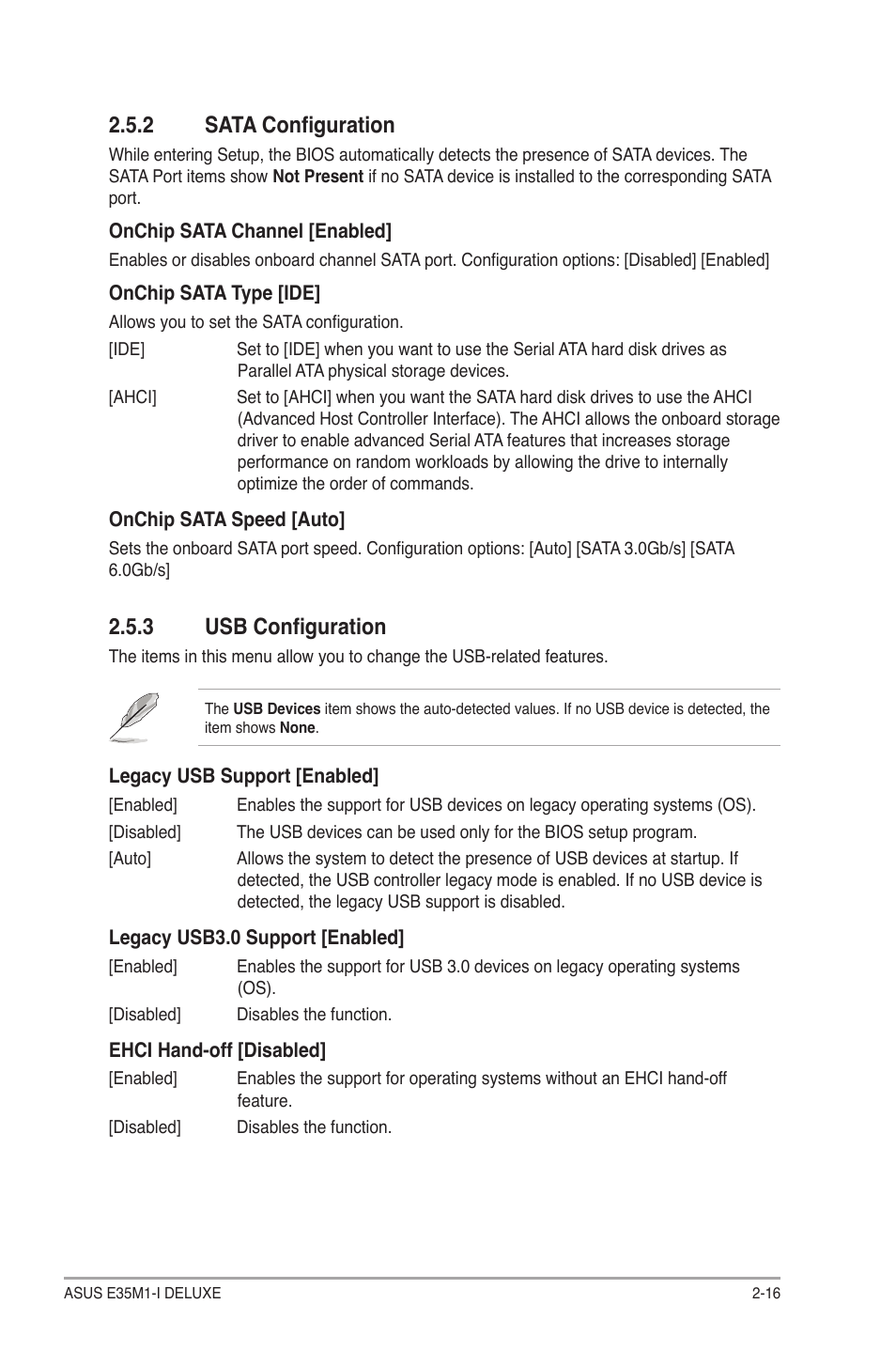 2 sata configuration, 3 usb configuration, Sata configuration -16 | Usb configuration -16 | Asus E35M1-I DELUXE User Manual | Page 45 / 55