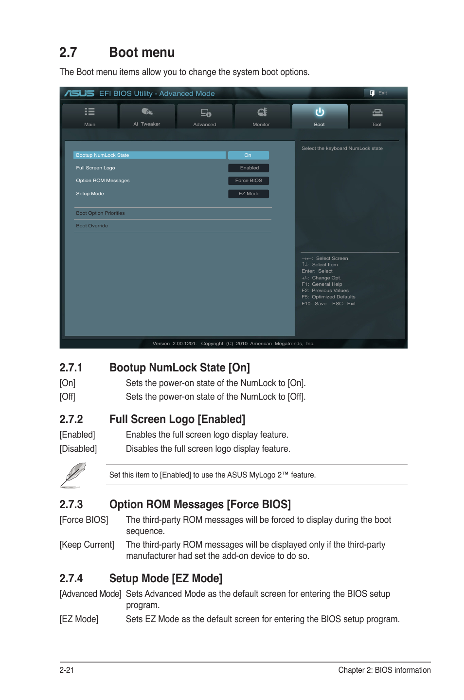 7 boot menu, 1 bootup numlock state, 2 full screen logo | 3 option rom messages, 4 setup mode, Boot menu -21 2.7.1, Bootup numlock state -21, Full screen logo -21, Option rom messages -21, Setup mode -21 | Asus E35M1-I DELUXE User Manual | Page 50 / 55