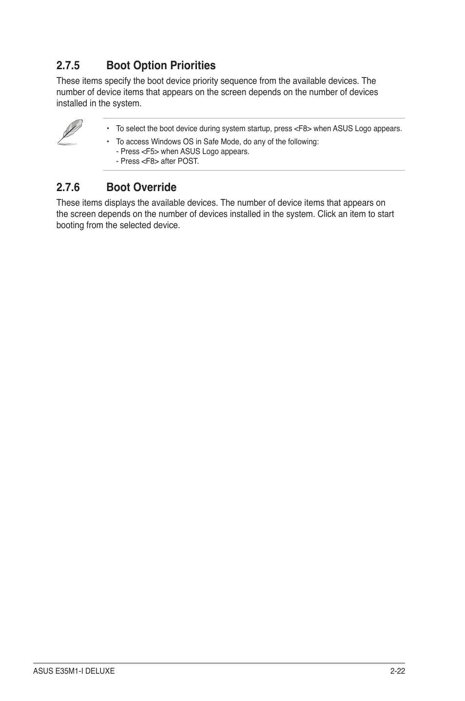 5 boot option priorities, 6 boot override, Boot option priorities -22 | Boot override -22 | Asus E35M1-I DELUXE User Manual | Page 51 / 55