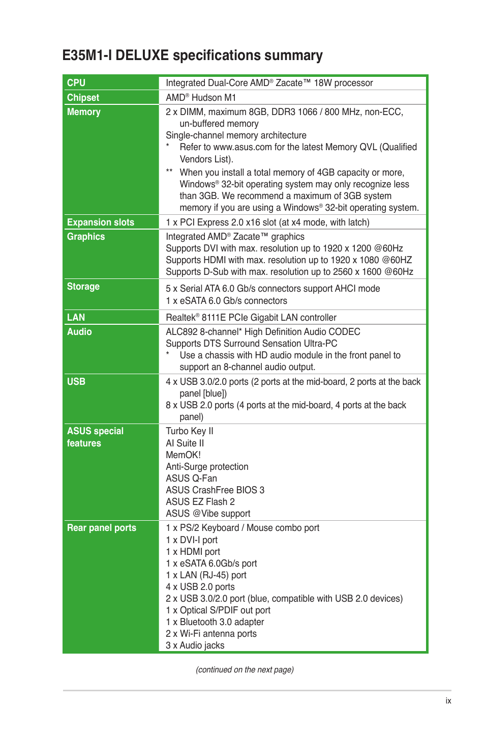 E35m1-i deluxe specifications summary | Asus E35M1-I DELUXE User Manual | Page 9 / 55
