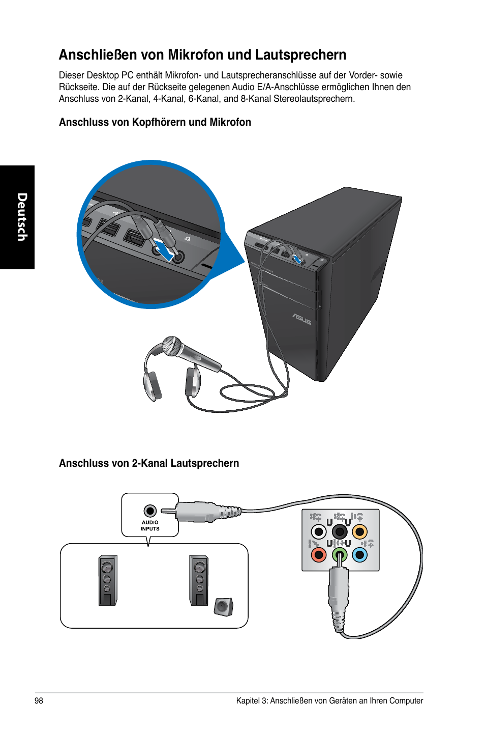 Anschließen von mikrofon und lautsprechern, Anschließen.von.mikrofon.und.lautsprechern | Asus CM6330 User Manual | Page 100 / 494