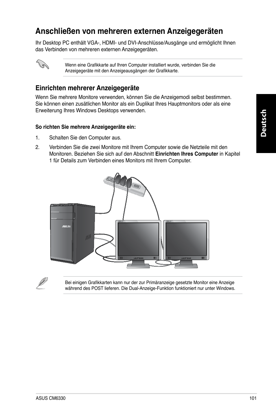 Anschließen von mehreren externen anzeigegeräten, Anschließen.von.mehreren.externen.anzeigegeräten, Deutsch d eutsch | Asus CM6330 User Manual | Page 103 / 494