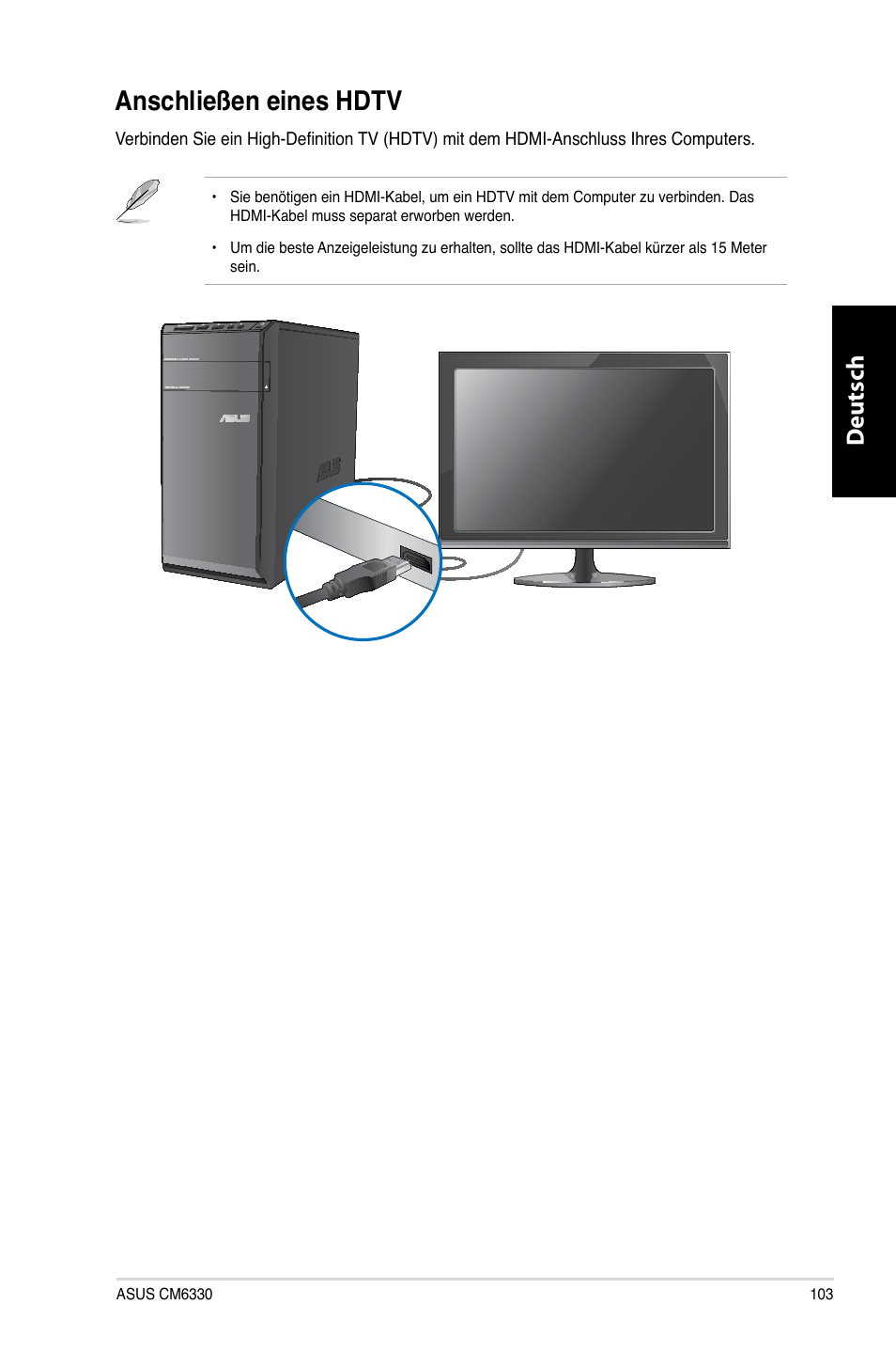 Anschließen eines hdtv, Anschließen.eines.hdt, Deutsch d eutsch | Asus CM6330 User Manual | Page 105 / 494