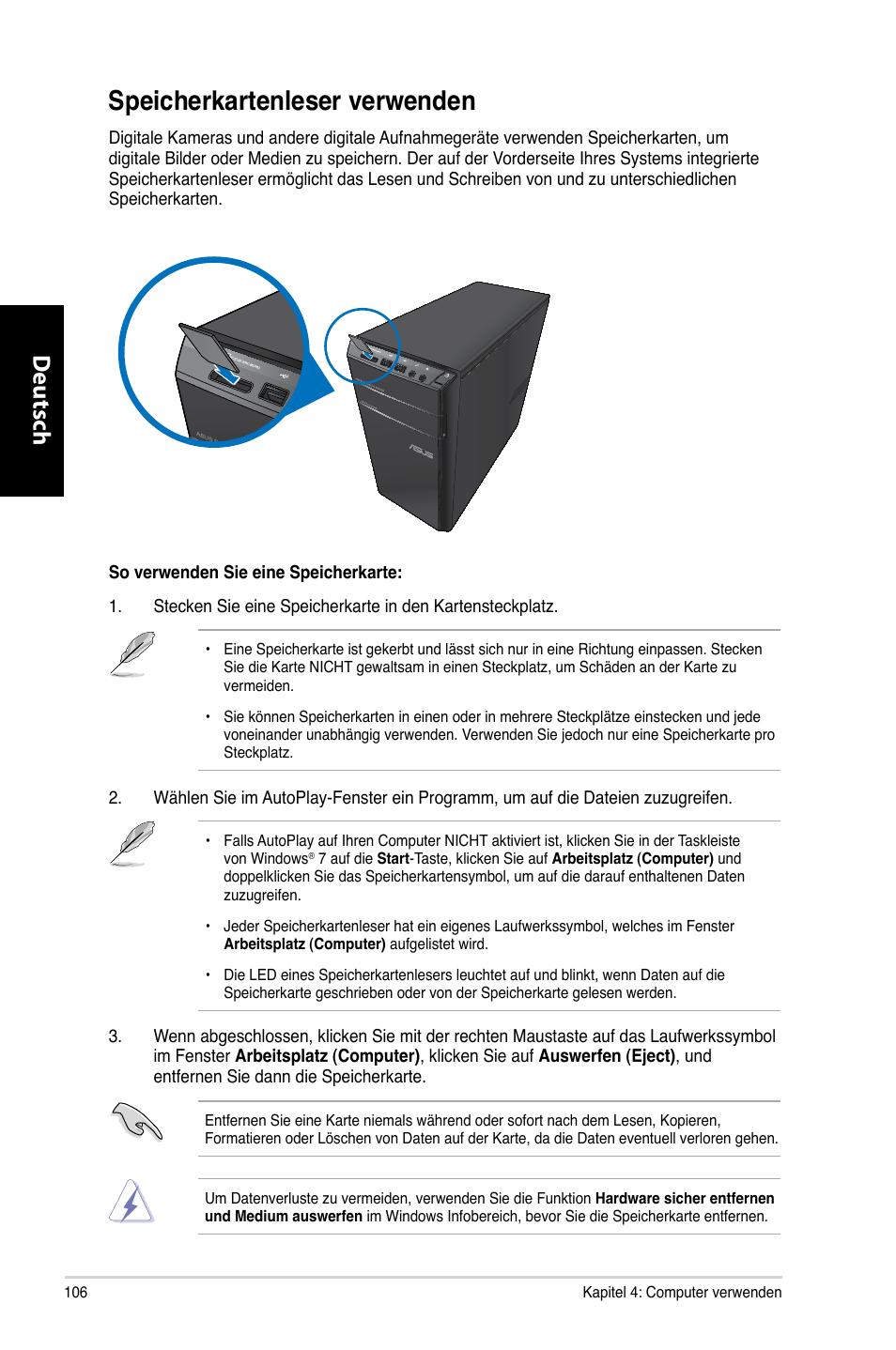 Speicherkartenleser verwenden, Speicherkartenleser.verwenden, Deutsch d eutsch d eutsch d eutsch | Asus CM6330 User Manual | Page 108 / 494