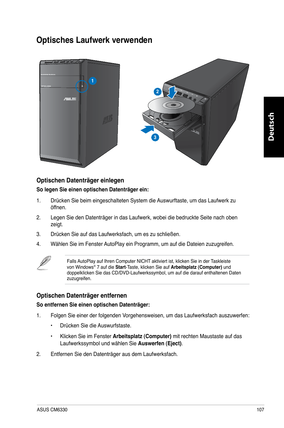 Optisches laufwerk verwenden, Optisches.laufwerk.verwenden, Deutsch d eutsch | Asus CM6330 User Manual | Page 109 / 494