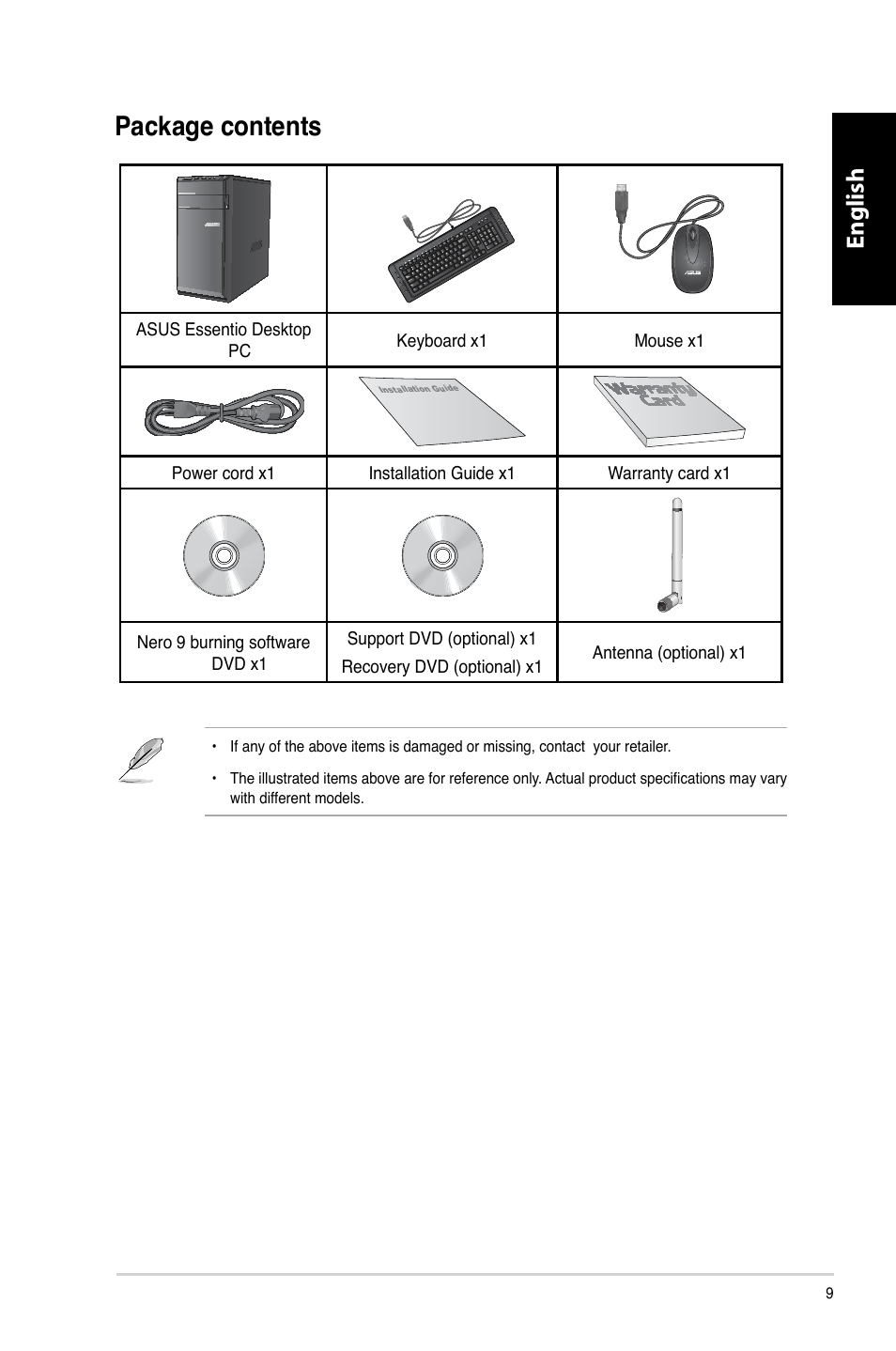 Package contents, Package.contents, English | Asus CM6330 User Manual | Page 11 / 494