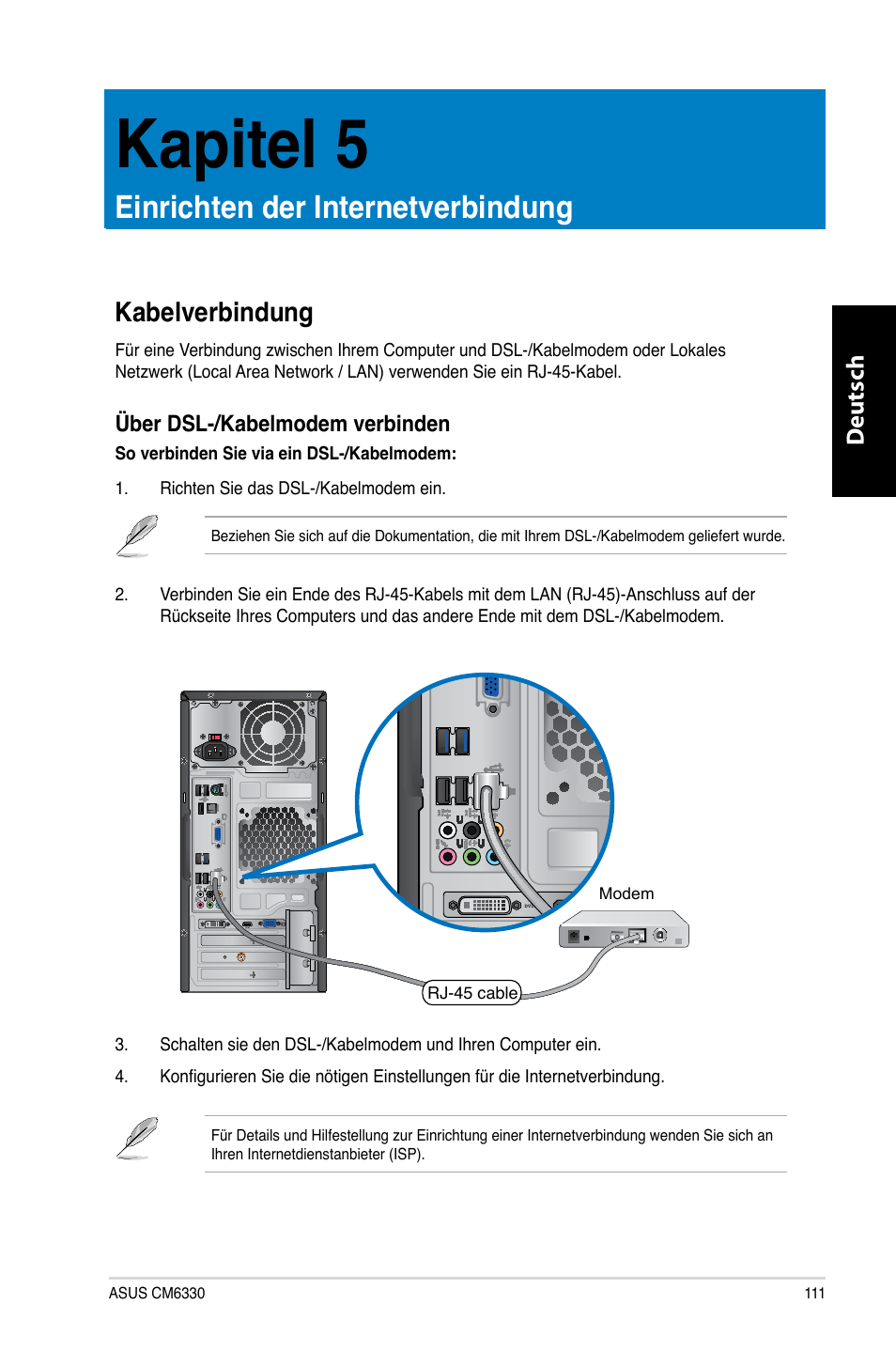 Kapitel 5, Einrichten der internetverbindung, Kabelverbindung | Kapitel.5, Einrichten.der.internetverbindung, Deutsch d eutsch, Über.dsl-/kabelmodem.verbinden | Asus CM6330 User Manual | Page 113 / 494